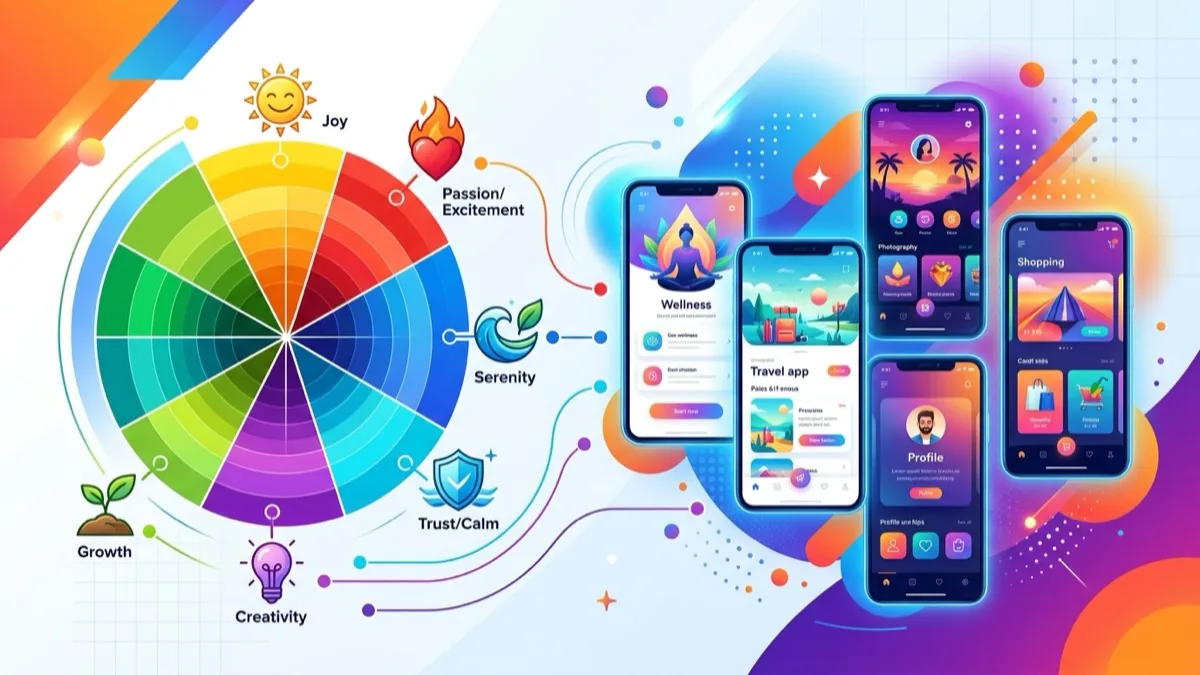 Colour psychology web design chart showing emotional associations of blue, green, orange, and red palettes for Canadian small business websites