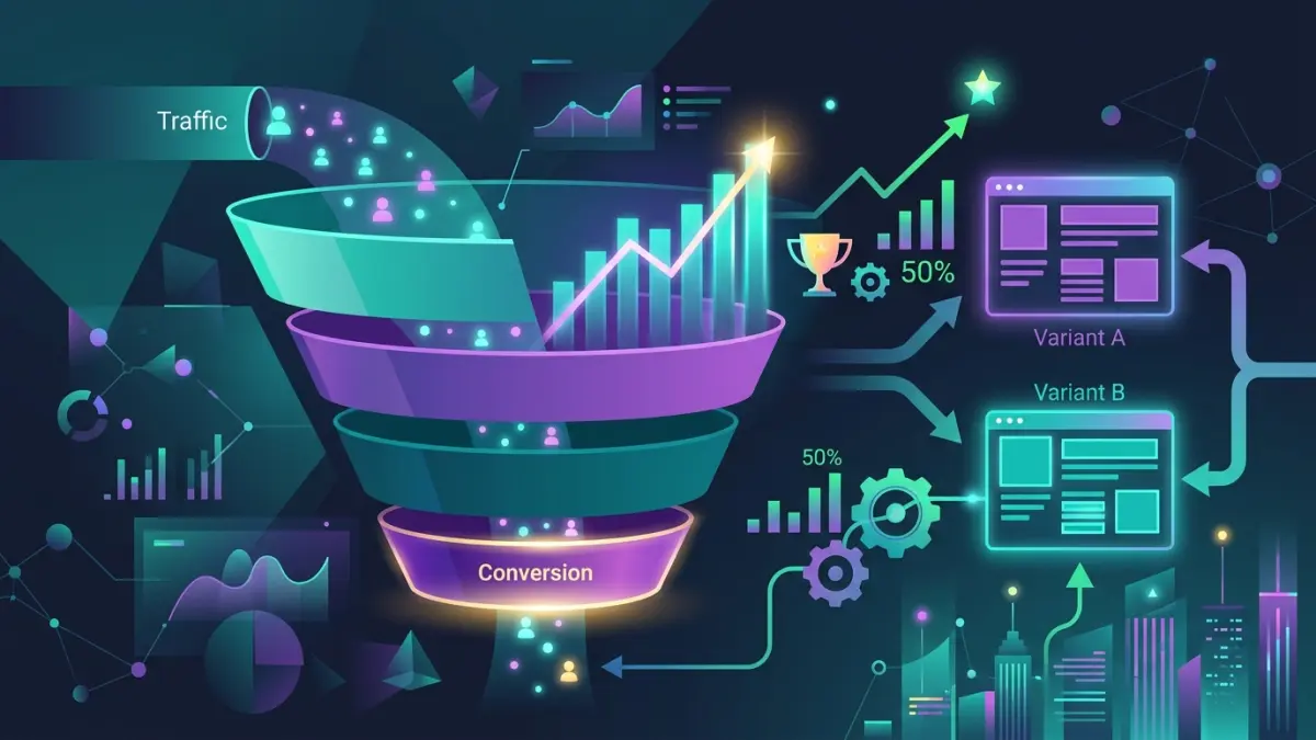 Conversion rate optimization funnel diagram showing visitor-to-lead drop-off stages with A/B testing and heatmap analysis for a Canadian business website