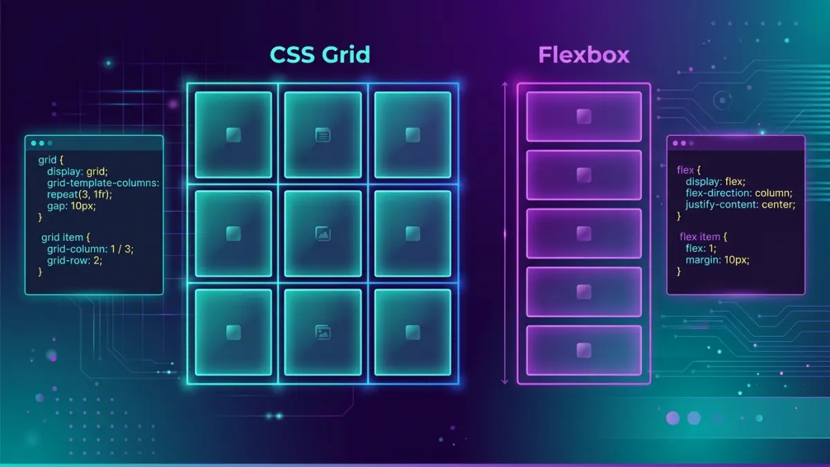 Diagram comparing CSS Flexbox one-dimensional single-axis layout against CSS Grid two-dimensional rows and columns layout with code labels