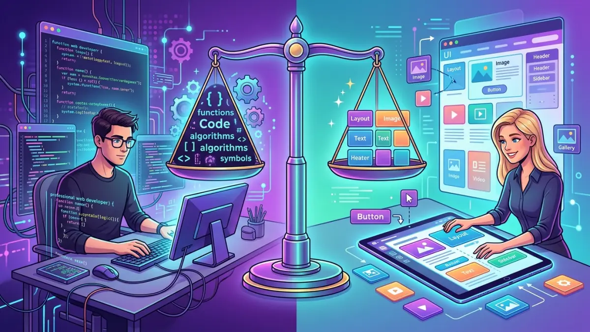 Side-by-side comparison of custom web development versus website builders for Canadian businesses showing cost, control, scalability, SEO and ownership trade-offs in 2026