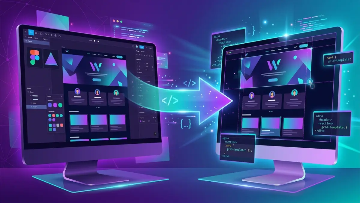 Diagram showing a Figma design file converting into responsive HTML and CSS code on a live website, comparing manual coding, Anima and Locofy plugins, and Webflow and Framer builders
