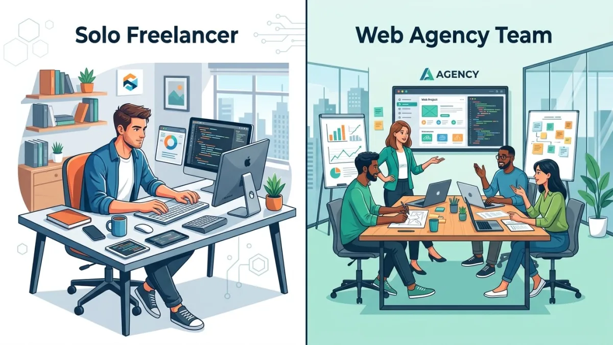 Canadian business owner comparing freelance web designer vs web design agency proposals on a desk in Toronto