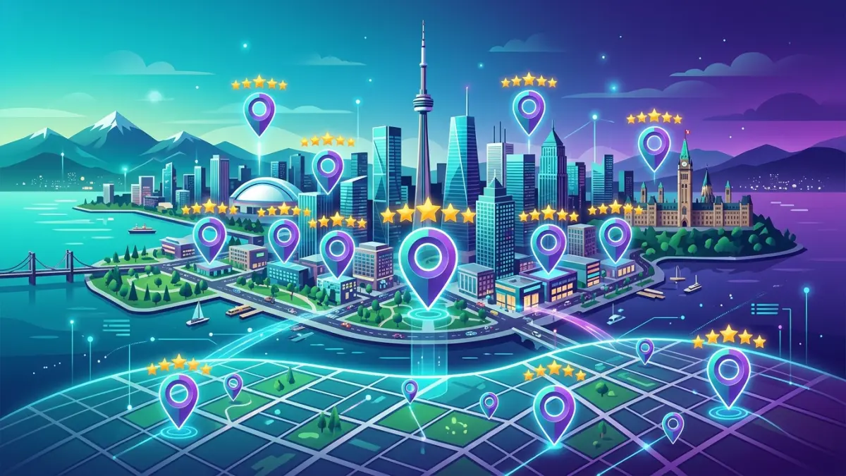 Local SEO services diagram showing Google Business Profile, NAP citations, reviews, and the Google map pack for a Canadian business
