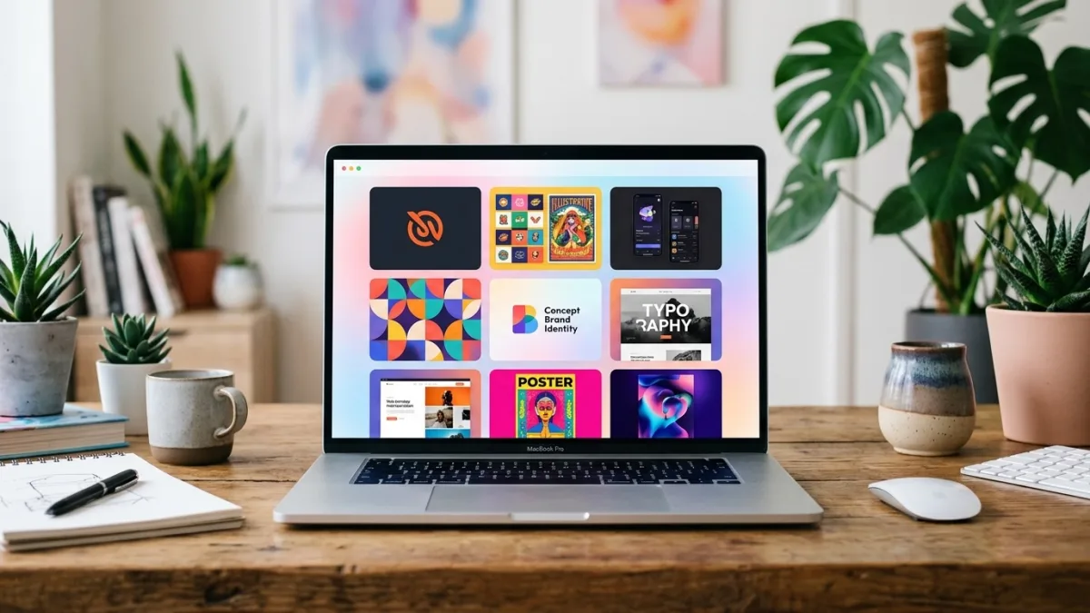 Portfolio website design showing a Canadian graphic designer's case-study page with project context, methodology, and client results displayed on a laptop and mobile phone side by side