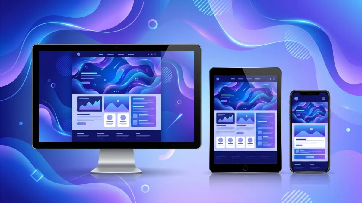 Responsive web design shown across a phone, tablet, and desktop monitor — a Canadian small business website adapting its layout fluidly at different screen widths