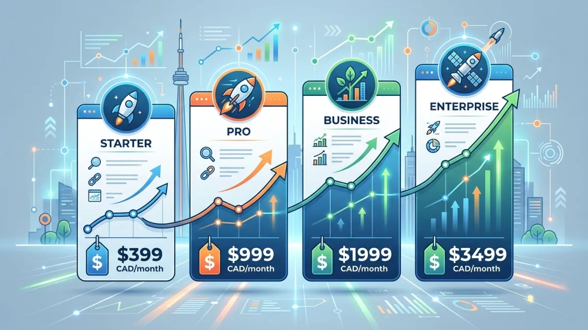 Canadian SEO pricing comparison chart — monthly retainer versus project versus hourly rates in 2026