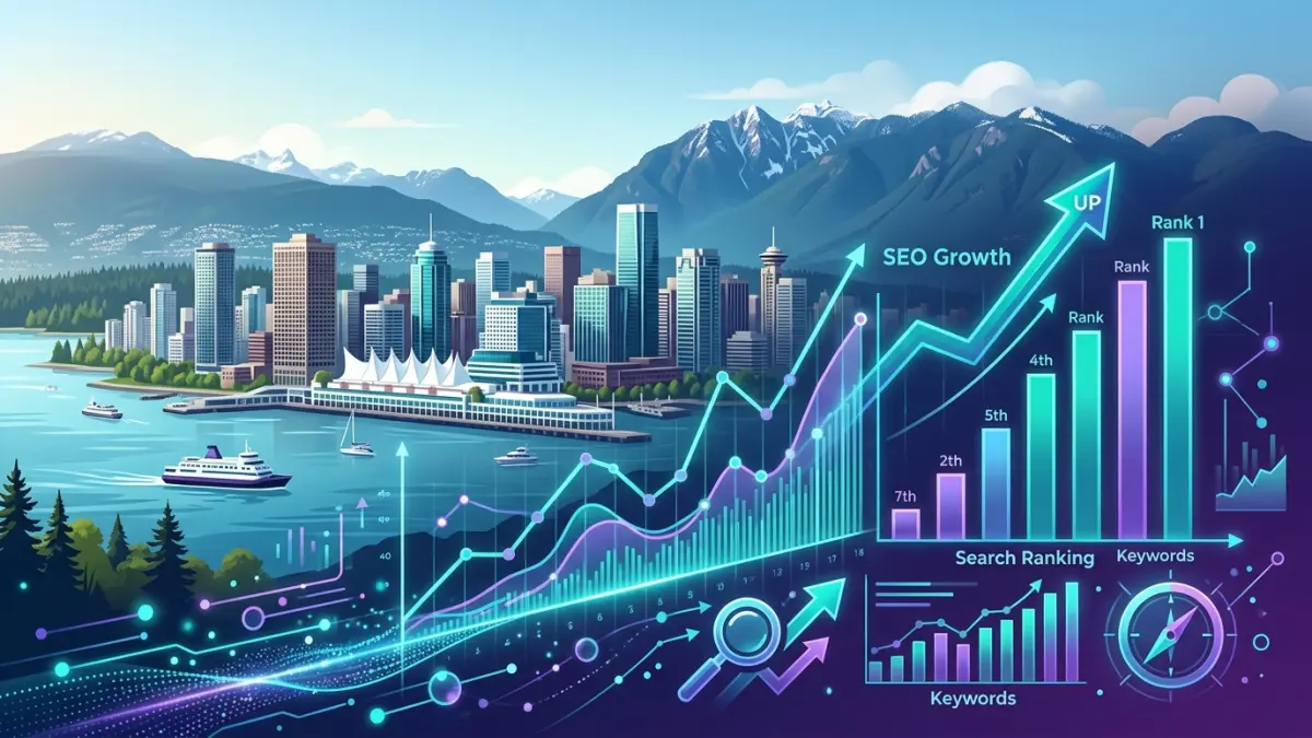 Vancouver skyline with North Shore mountains and SEO strategy overlay — local search rankings for Metro Vancouver businesses in 2026