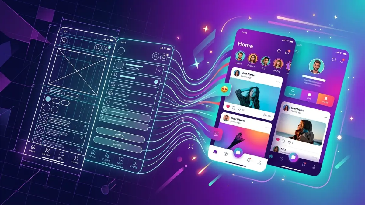 Side-by-side diagram contrasting UX design as user flow and wireframes versus UI design as visual interface, colour, and typography for a website