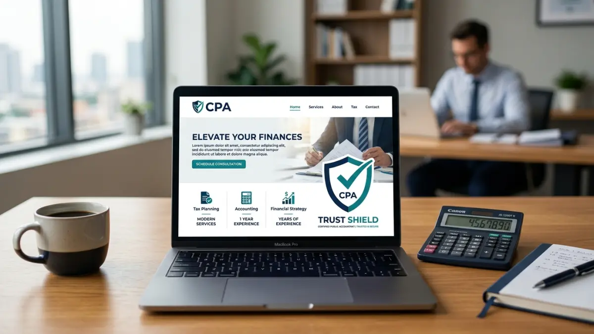 Accountant website design mockup for a Canadian CPA firm showing service pages, a secure client portal login, and a tax-season booking funnel on desktop and mobile