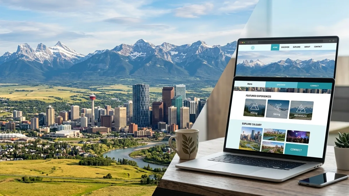Professional web design for Calgary AB businesses — downtown Calgary skyline with the Bow River and Rocky Mountain backdrop representing Alberta's energy and trades economy
