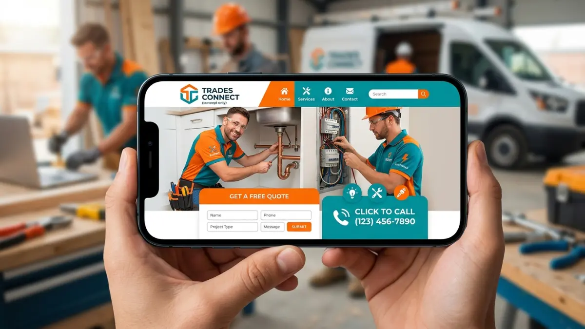Contractor website design layout for Canadian trades showing a plumber site with click-to-call bar, quote form, service-area pages and before-after gallery on mobile and desktop