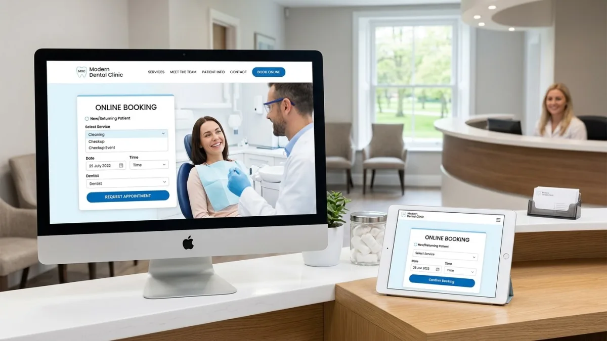 Canadian dental practice website showing an online booking calendar, bilingual treatment pages, and a new-patient intake form designed to convert first-time visitors