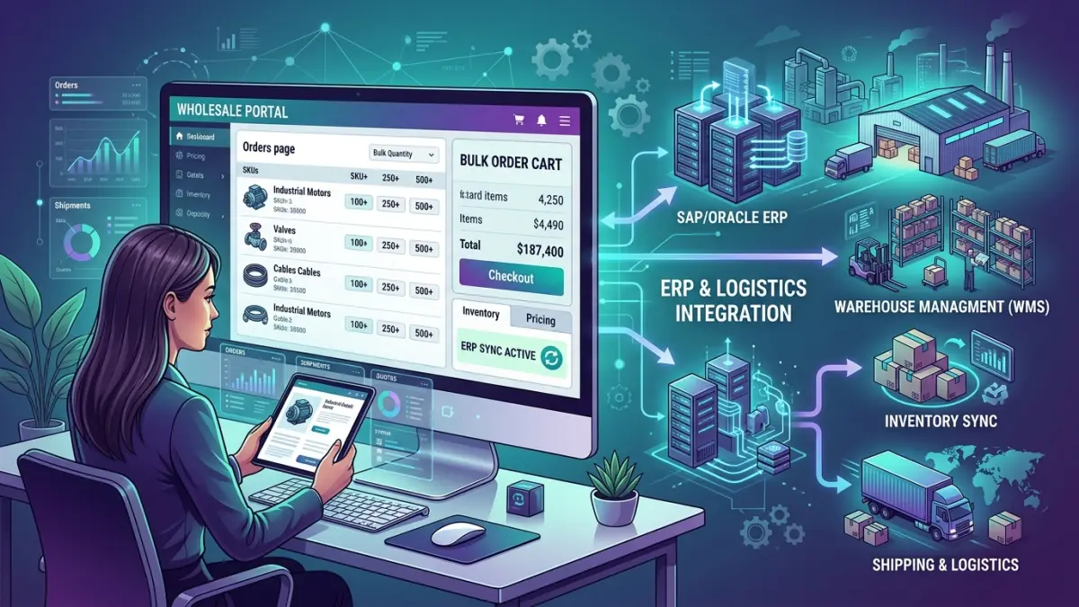 B2B ecommerce website design showing a login-gated wholesale catalog with customer-specific contract pricing in CAD, a quick-order pad, net-30 purchase-order checkout, and live ERP inventory for a Canadian distributor