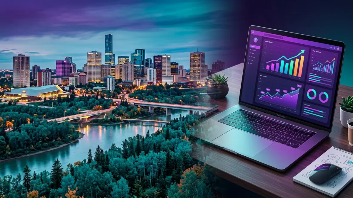 Professional web design for Edmonton AB businesses — downtown Edmonton skyline with the Ice District and North Saskatchewan River valley representing Alberta's capital, government, energy and education economy