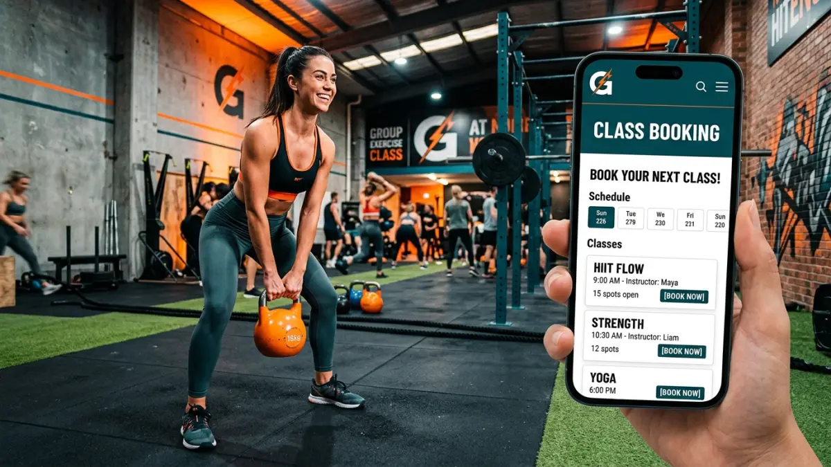 Mobile-first fitness studio website design showing a class booking schedule grid and membership signup in Canadian dollars on a smartphone
