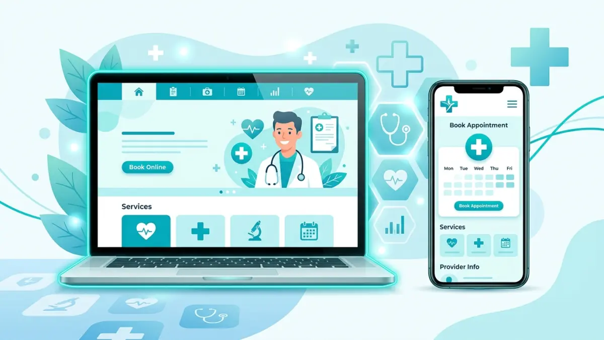 Healthcare web design concept showing a Canadian medical clinic website with online booking, privacy badge, and accessible interface on desktop and mobile in 2026