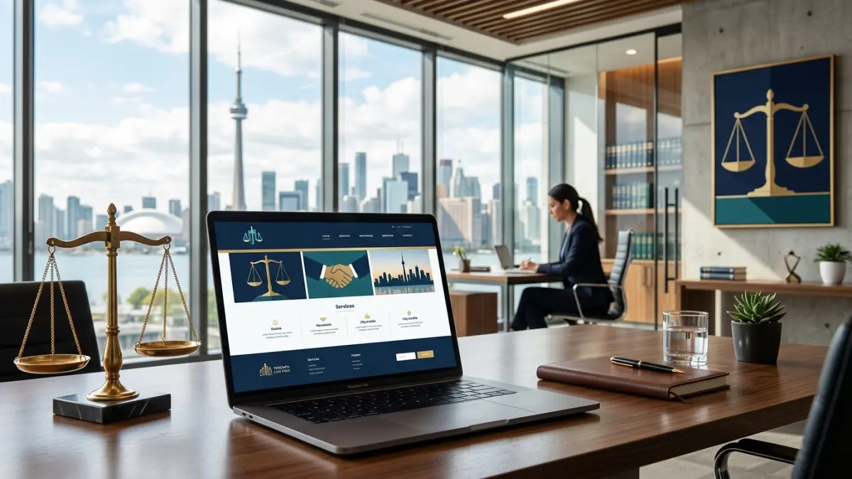 Toronto skyline behind a law firm website mockup showing practice-area navigation and a secure client intake form for a GTA legal practice in 2026