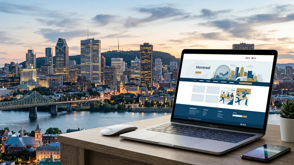 Montreal skyline with web design agency storefront — bilingual French-English website project for a Montreal SMB