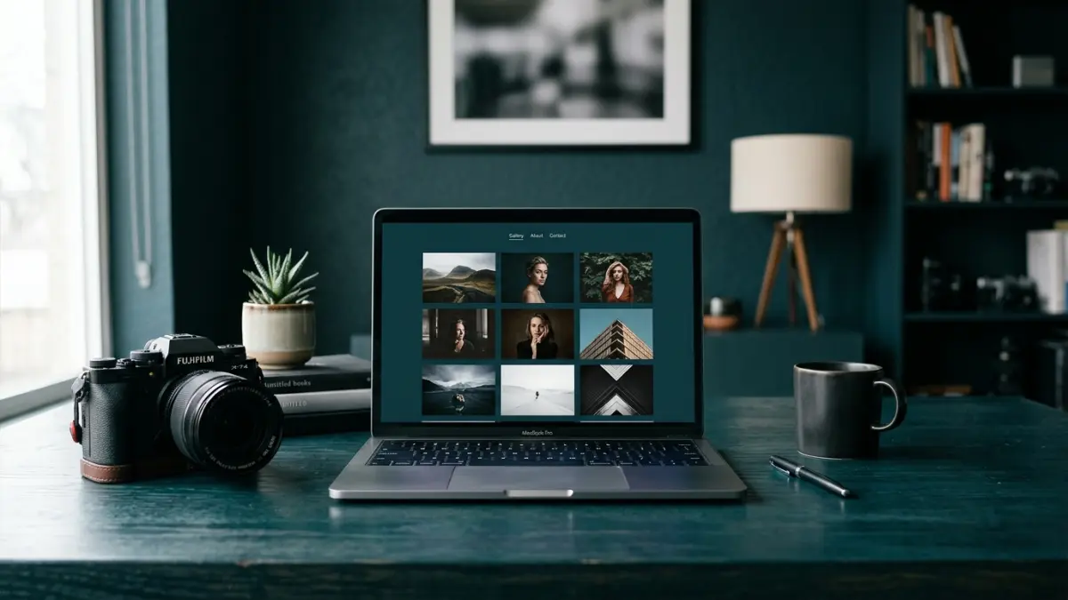 Photography website design layout showing a full-bleed portfolio gallery, client proofing login, and booking section optimized for fast image loading in Canada 2026