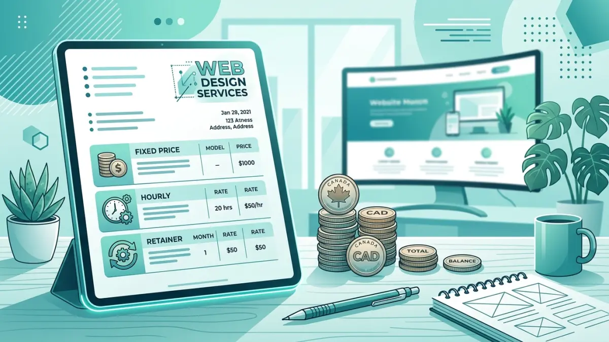 Comparison of web design pricing models — fixed project, hourly, monthly retainer, and value-based billing shown side by side in Canadian dollars for 2026