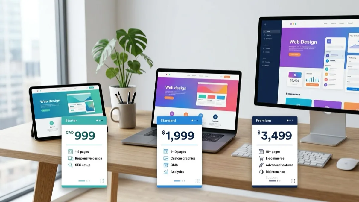 Web design pricing breakdown chart comparing freelancer vs agency costs in Canadian dollars for brochure, ecommerce, and custom sites 2026