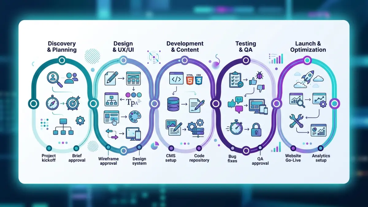 Nine-stage web design process timeline showing discovery, strategy, wireframes, design, content, development, QA, launch and post-launch phases for a Canadian website project