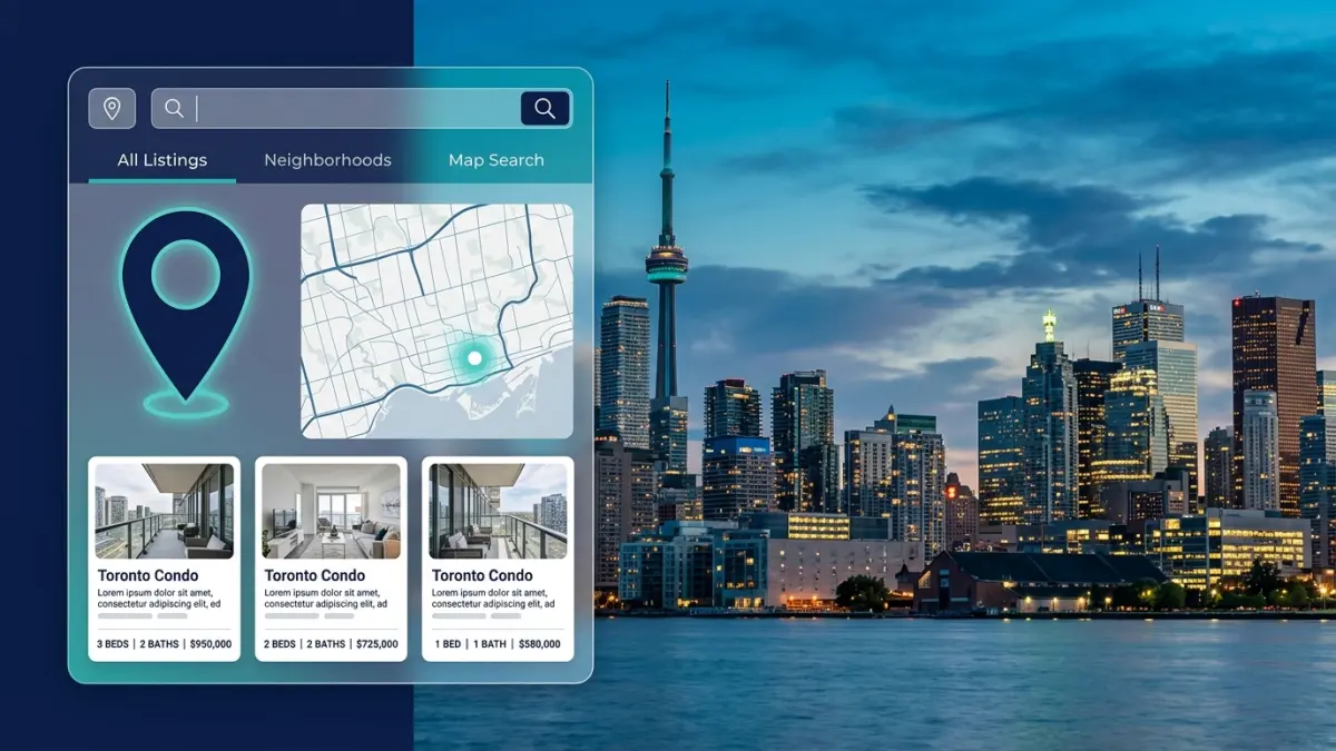 Toronto real estate website design showing a TRREB IDX-powered condo map search across King West and Liberty Village, a home valuation lead form, and a mobile neighbourhood page for a GTA realtor