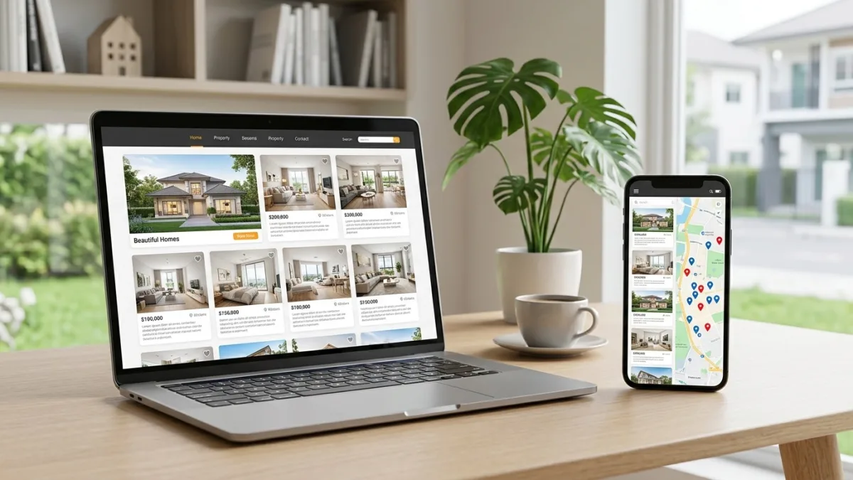 Canadian real estate website design showing an IDX-powered property search map with MLS listings, a lead capture home valuation form, and a mobile-responsive neighbourhood landing page for a Toronto realtor