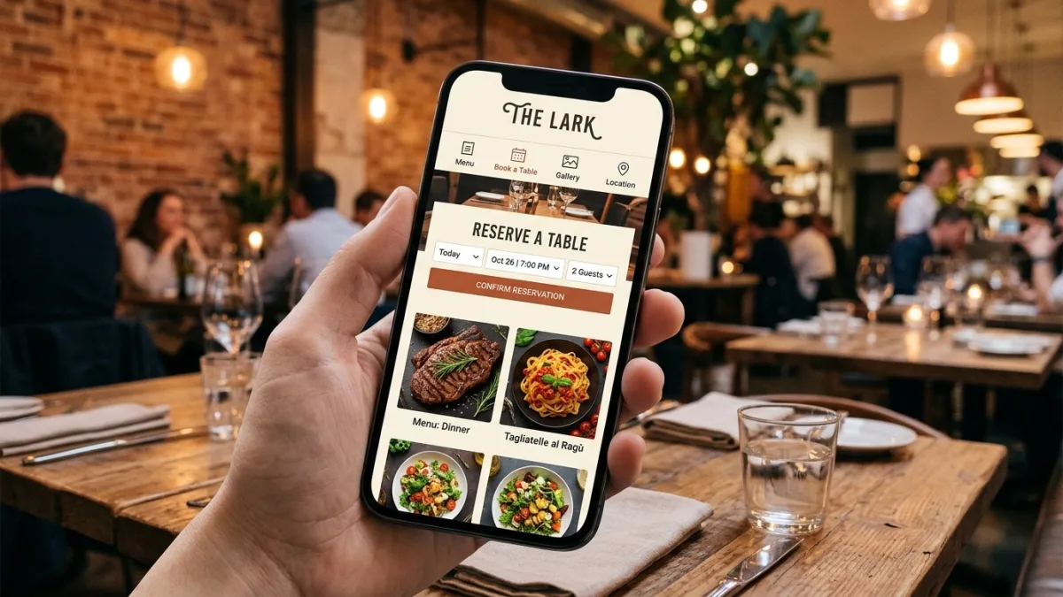 Canadian restaurant website design showing a bilingual menu page with professional food photography, an online ordering widget, and an OpenTable reservation button on mobile