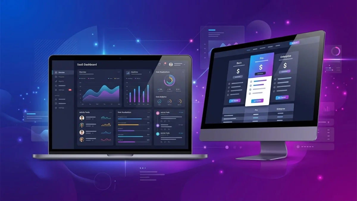 Canadian SaaS website design in Webflow showing a B2B homepage with pricing tiers in CAD, a demo request CTA above the fold, and product screenshots on a dark gradient background