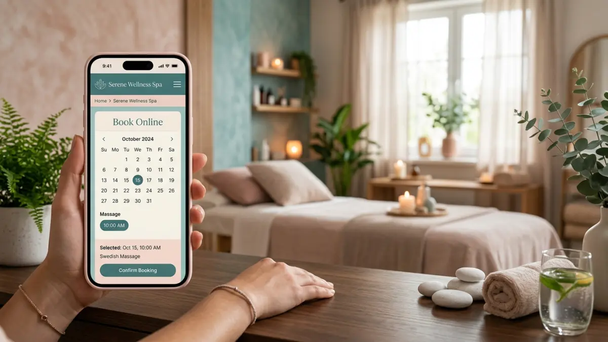 Mobile-first spa and salon website design showing an online booking flow, service menu with Canadian dollar prices, and a beauty gallery on a smartphone