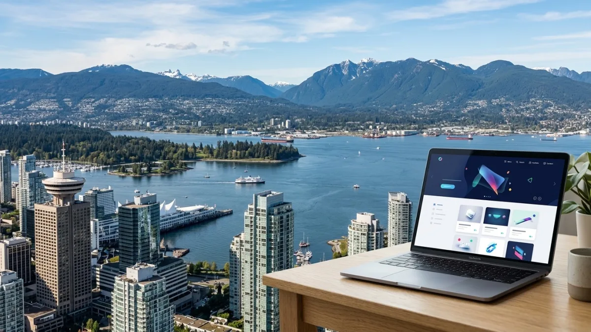 Modern web design for Vancouver BC businesses — downtown skyline with North Shore mountains visible, representing local digital market