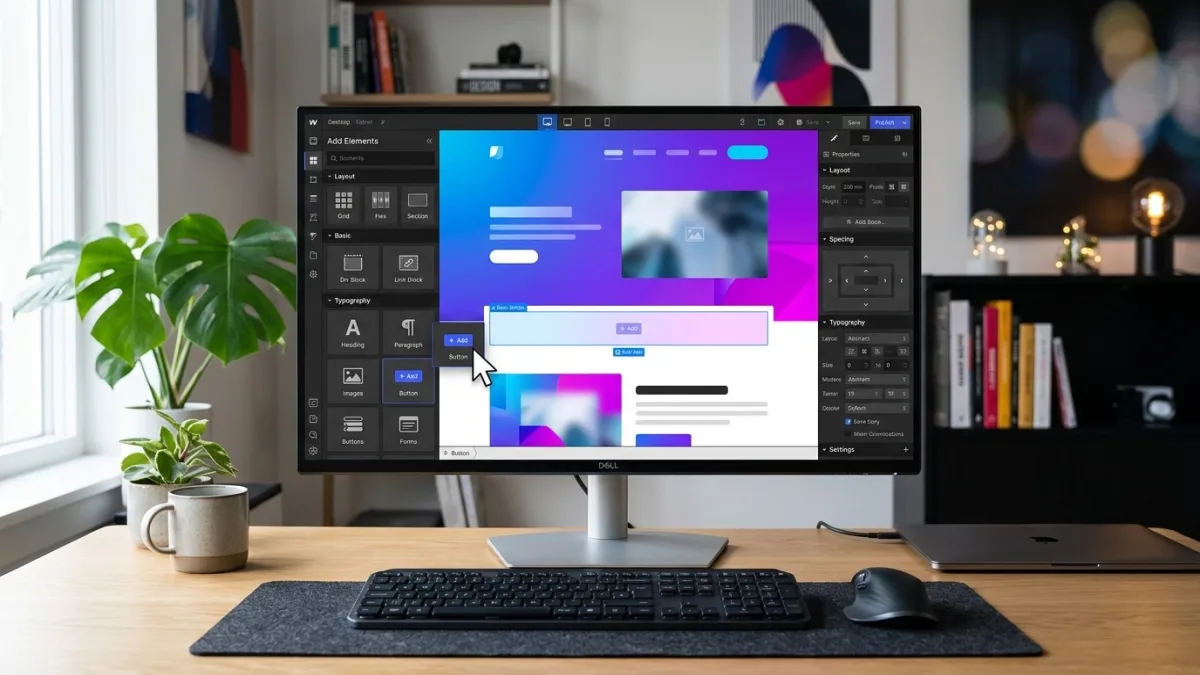 Webflow web design for a Canadian professional services business showing the Webflow Designer canvas with bilingual French-English page layout, custom CMS schema fields, and a live preview of a Toronto-based service firm's homepage on desktop and mobile