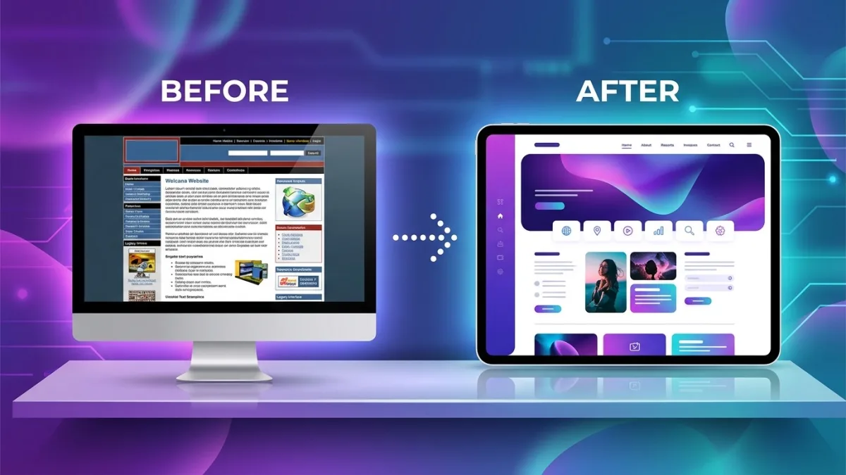 Canadian small business website redesign — before and after desktop and mobile mockups on a light background