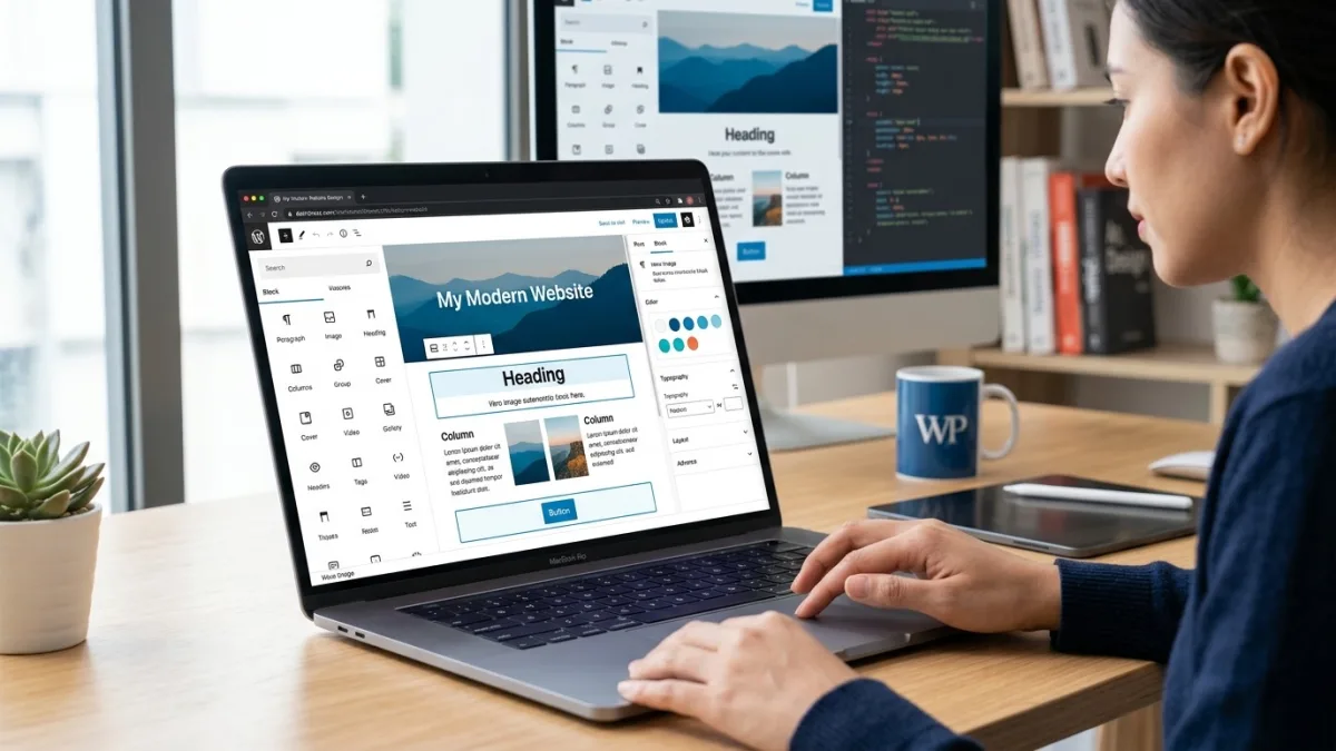 WordPress website design for a Canadian small business showing a custom Gutenberg block layout with bilingual FR/EN toggle, a local SEO-optimized services page, and a WooCommerce product grid with CAD pricing